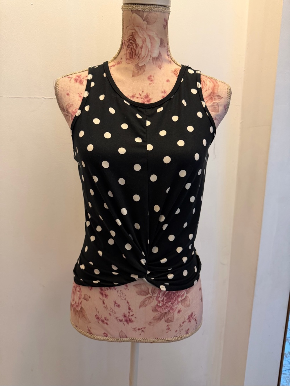 First Love Black Polka Dot Knot-Front Tank size M-L stretch